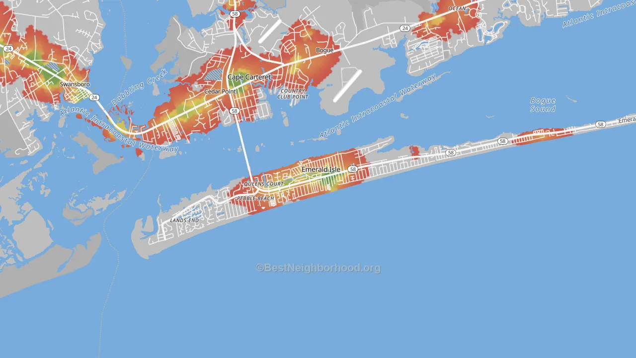 Walk Grade map of 28594, NC, walkable areas in green and car-dependent areas in red