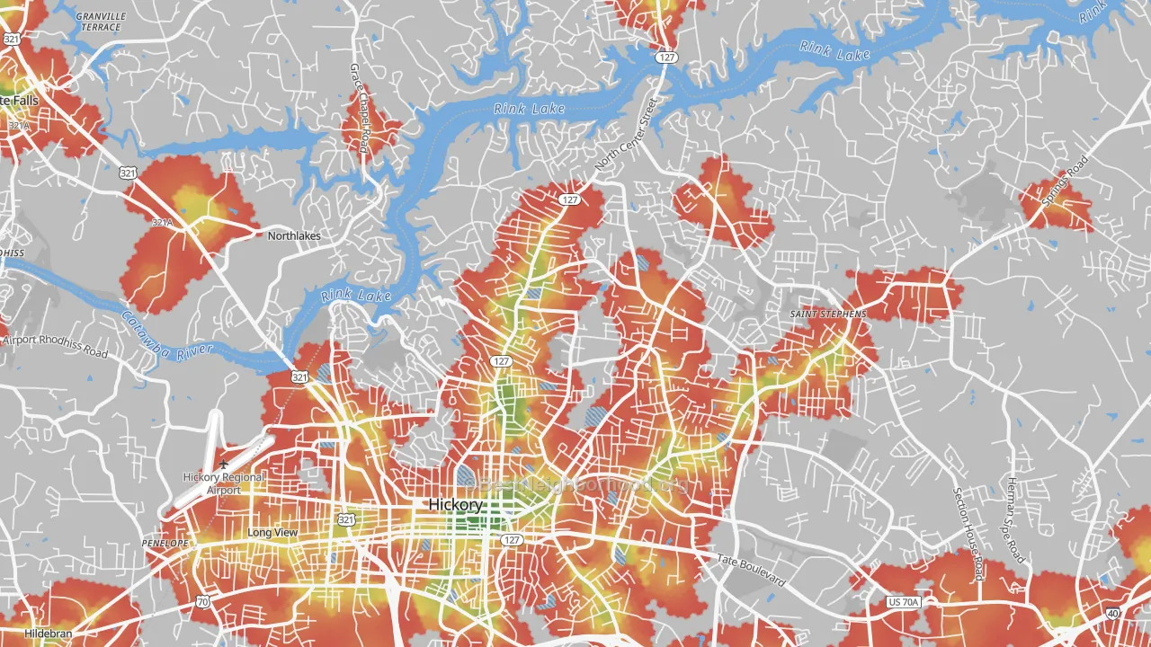 Walk Grade map of 28601, NC, walkable areas in green and car-dependent areas in red