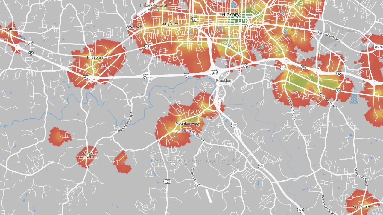 Walk Grade map of 28602, NC, walkable areas in green and car-dependent areas in red