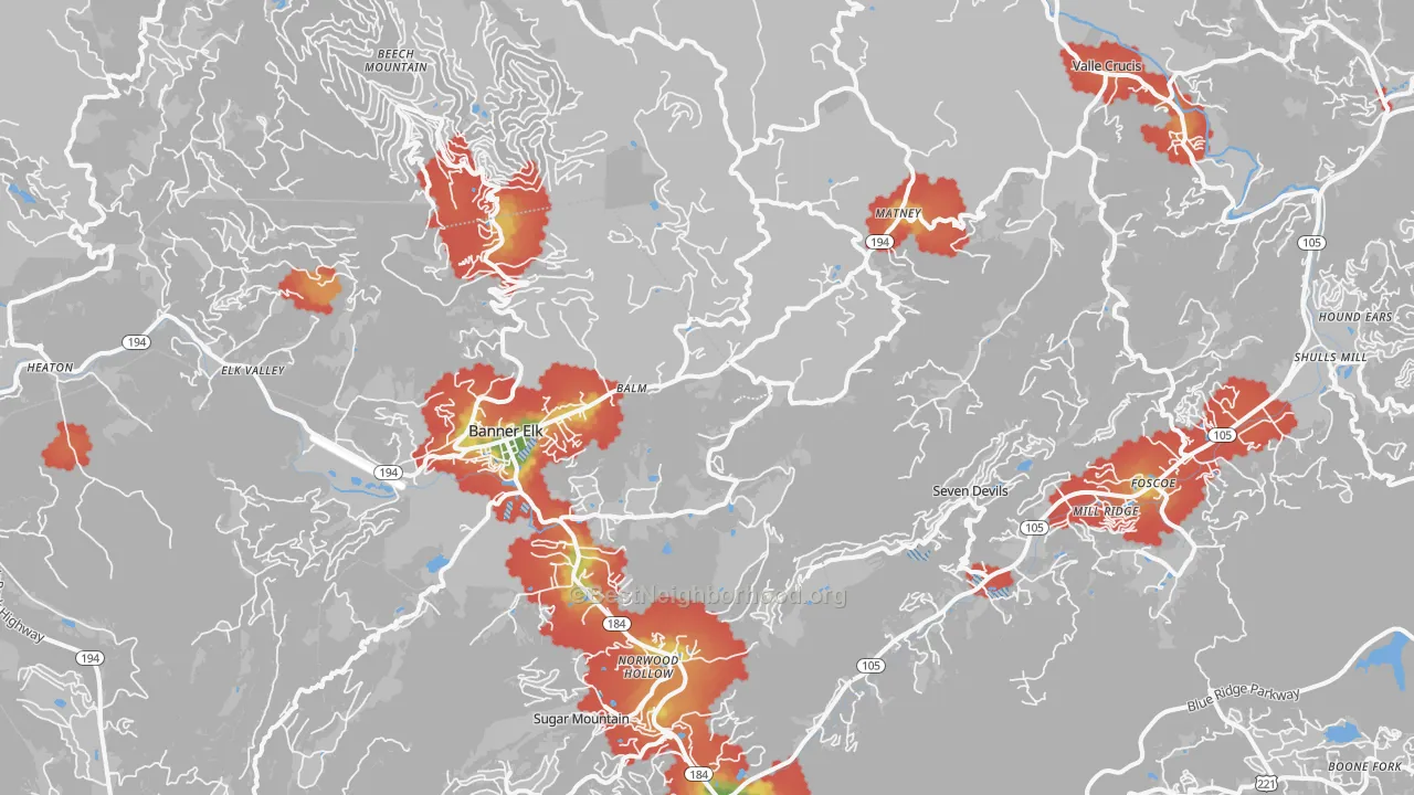 Walk Grade map of 28604, NC, walkable areas in green and car-dependent areas in red