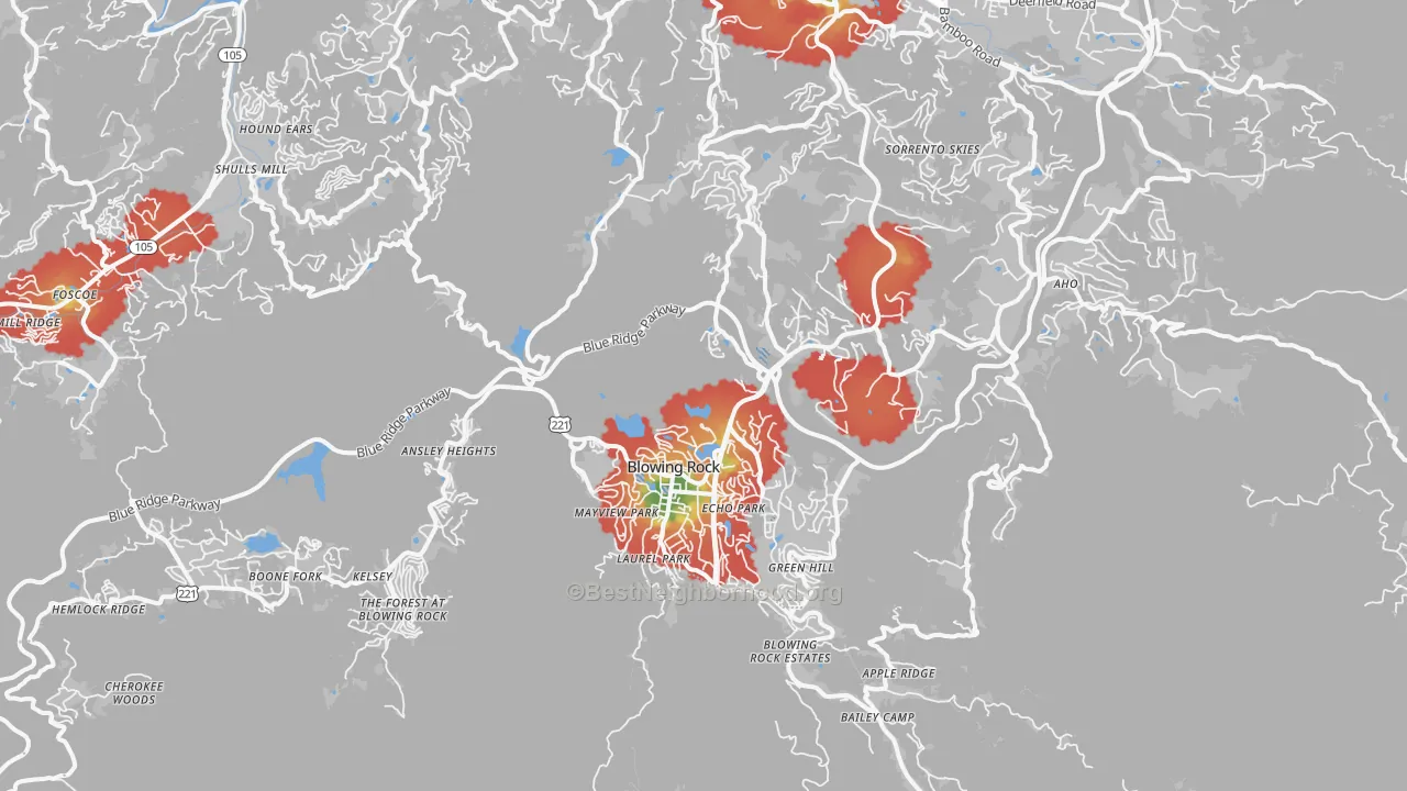 Walk Grade map of 28605, NC, walkable areas in green and car-dependent areas in red