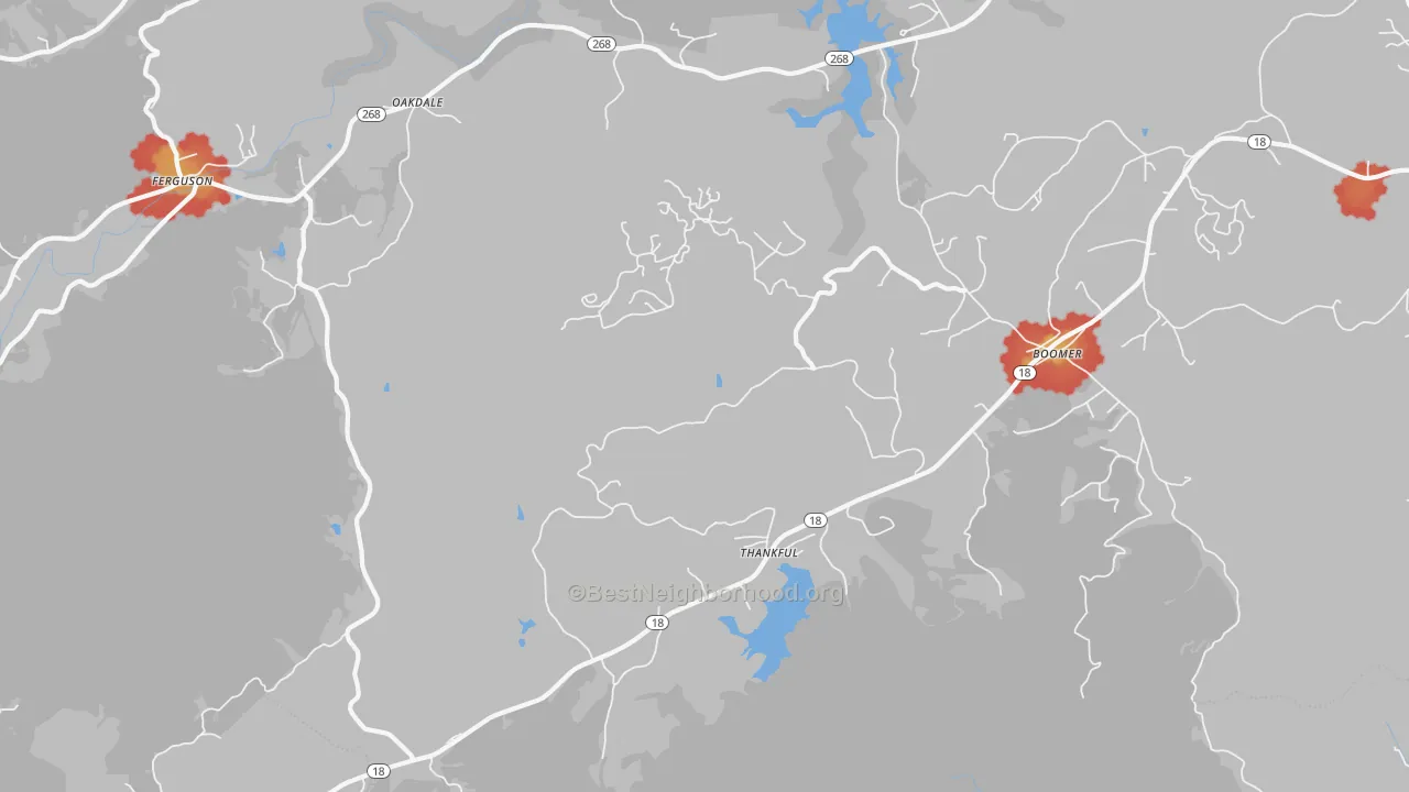 Walk Grade map of 28606, NC, walkable areas in green and car-dependent areas in red