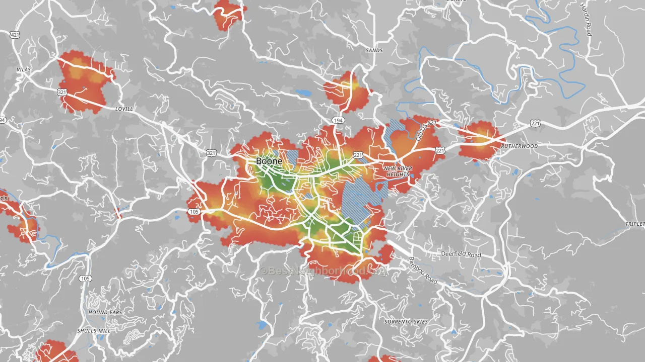 Walk Grade map of 28607, NC, walkable areas in green and car-dependent areas in red