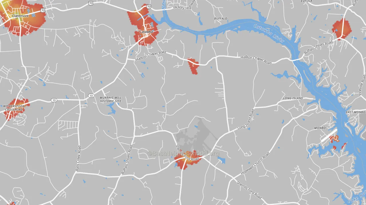 Walk Grade map of 28609, NC, walkable areas in green and car-dependent areas in red