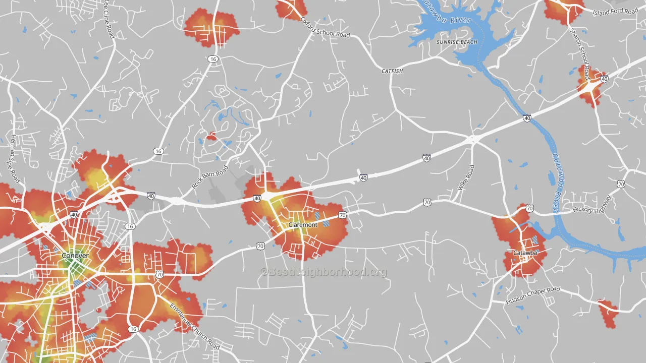 Walk Grade map of 28610, NC, walkable areas in green and car-dependent areas in red