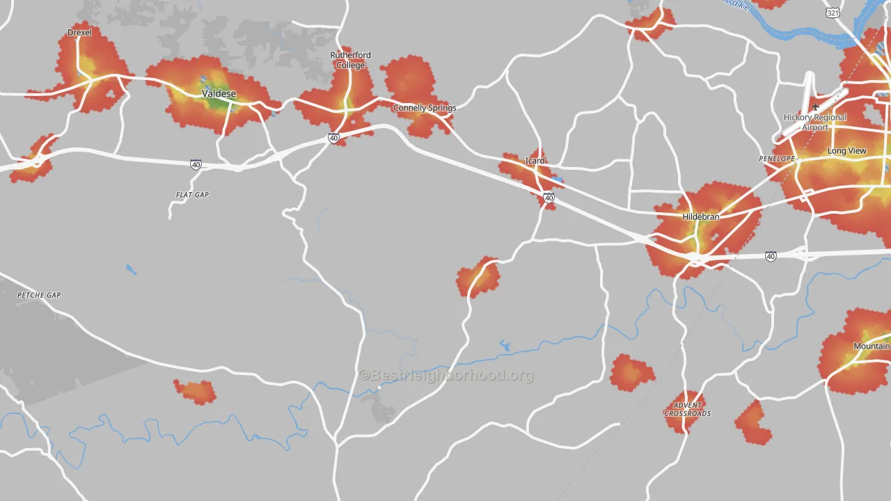 Walk Grade map of 28612, NC, walkable areas in green and car-dependent areas in red