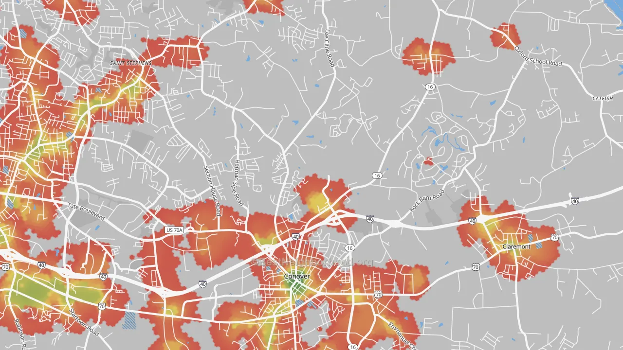Walk Grade map of 28613, NC, walkable areas in green and car-dependent areas in red