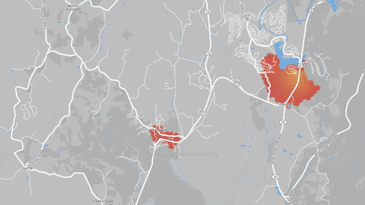 Walk Grade map of 28616, NC, walkable areas in green and car-dependent areas in red