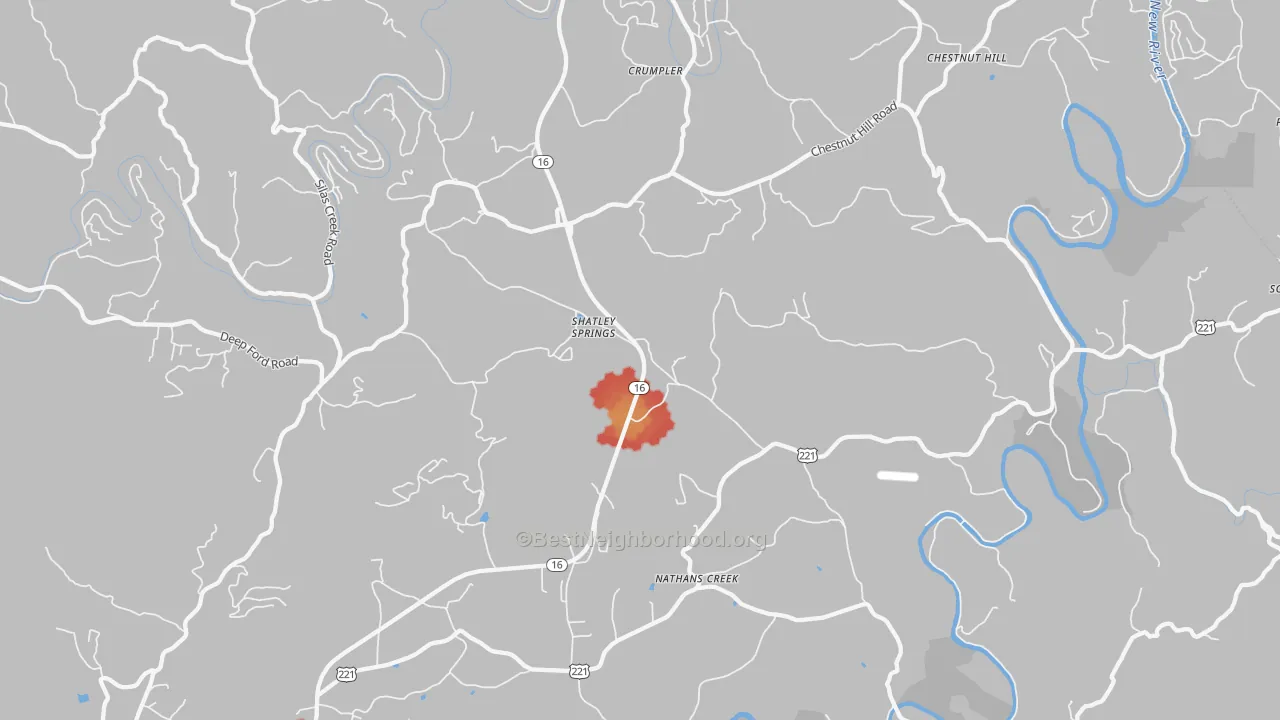 Walk Grade map of 28617, NC, walkable areas in green and car-dependent areas in red