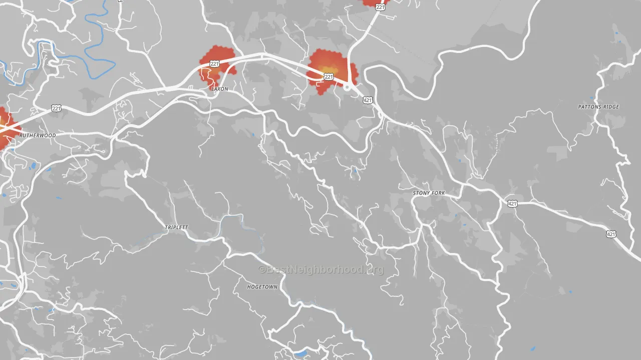 Walk Grade map of 28618, NC, walkable areas in green and car-dependent areas in red