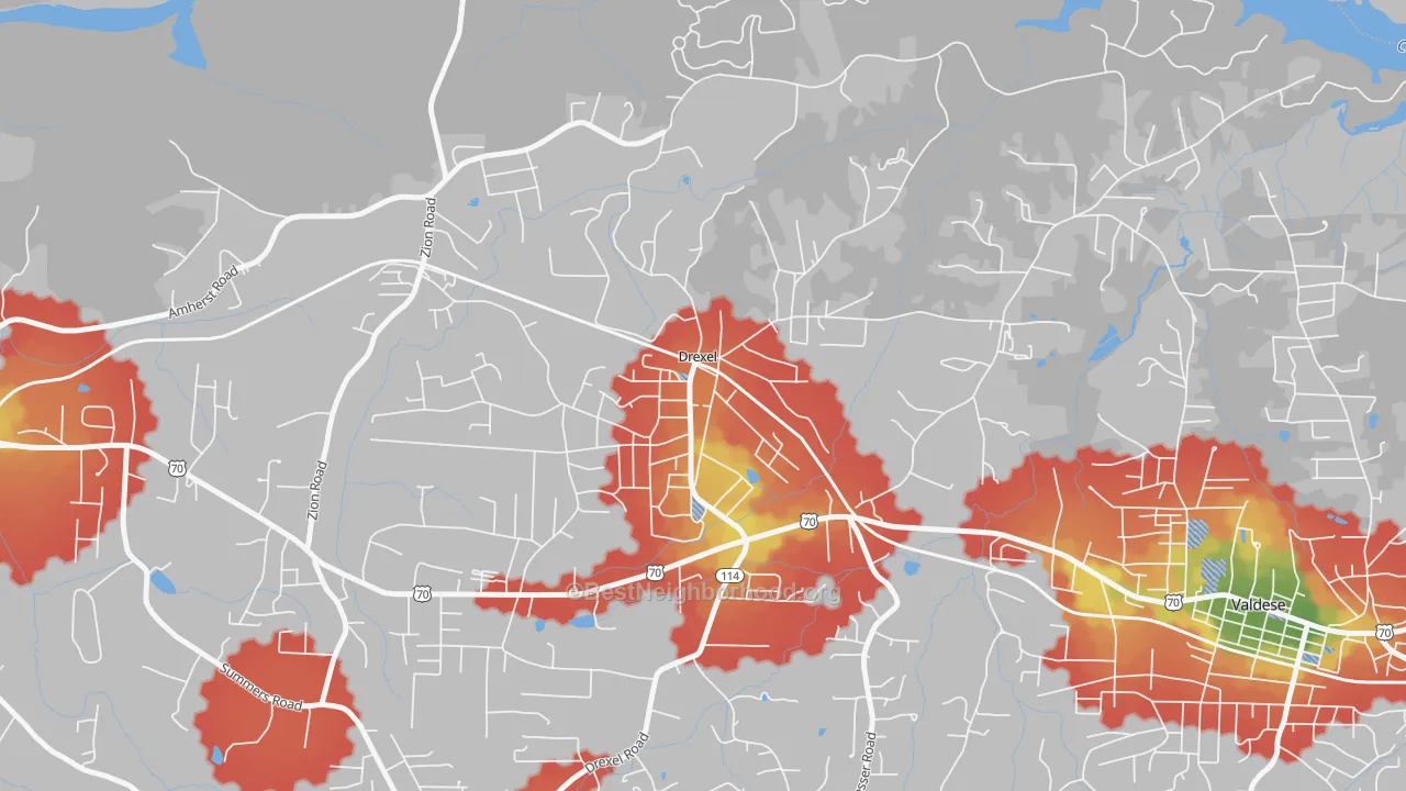 Walk Grade map of 28619, NC, walkable areas in green and car-dependent areas in red