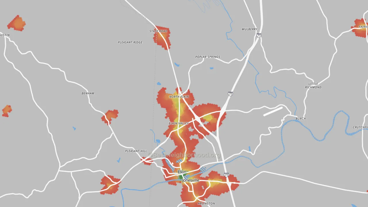 Walk Grade map of 28621, NC, walkable areas in green and car-dependent areas in red