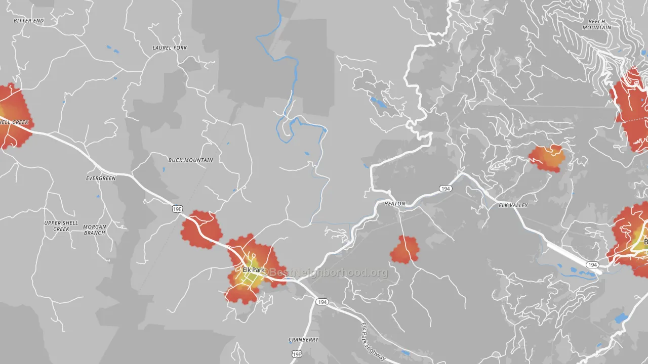 Walk Grade map of 28622, NC, walkable areas in green and car-dependent areas in red