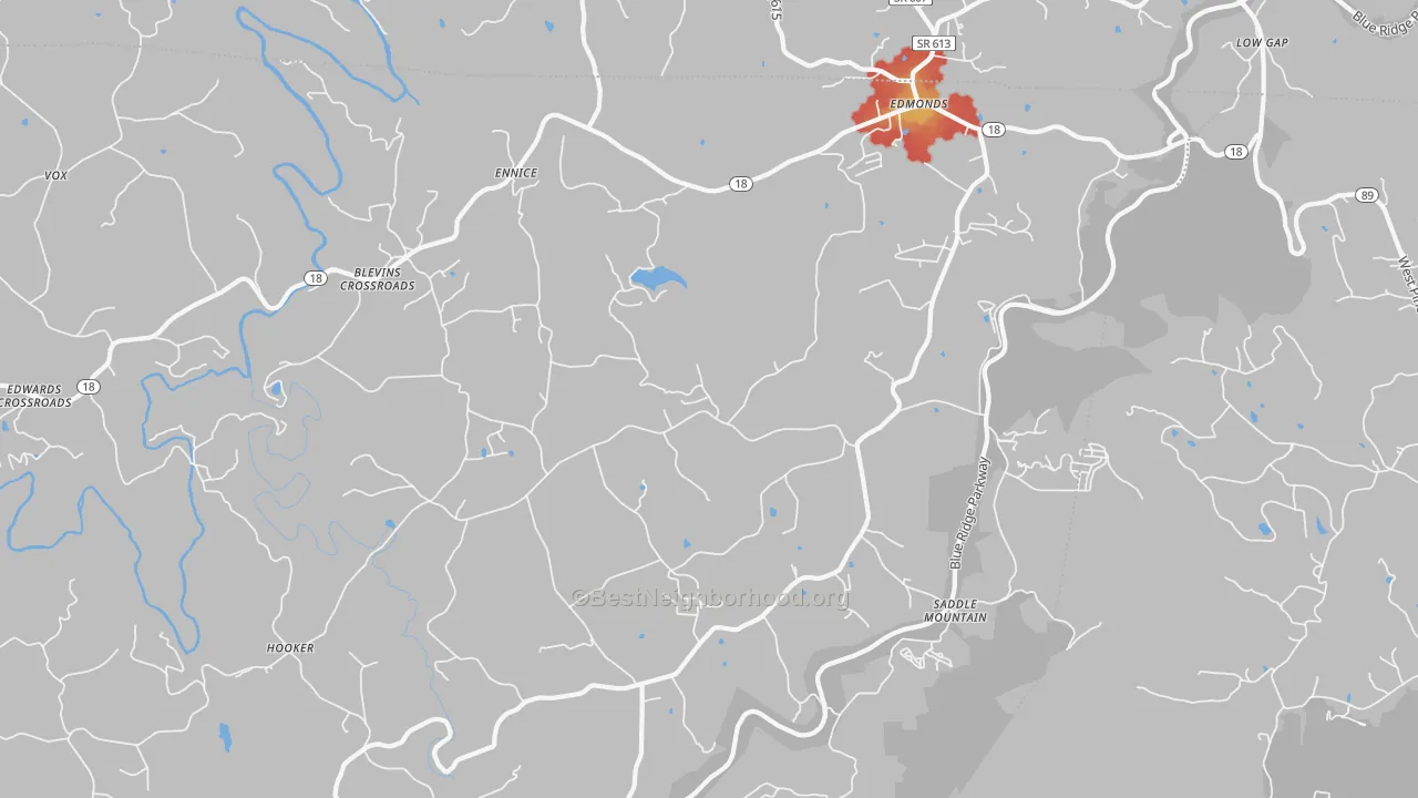 Walk Grade map of 28623, NC, walkable areas in green and car-dependent areas in red