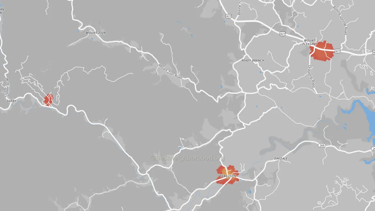 Walk Grade map of 28624, NC, walkable areas in green and car-dependent areas in red
