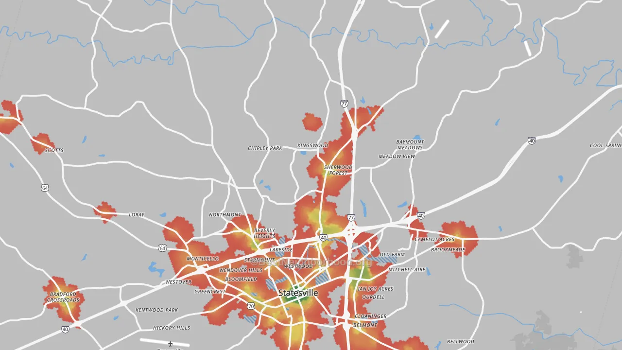 Walk Grade map of 28625, NC, walkable areas in green and car-dependent areas in red