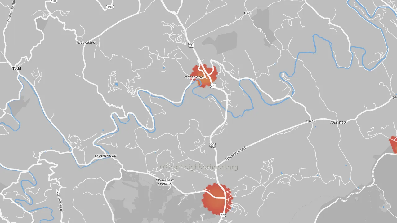 Walk Grade map of 28626, NC, walkable areas in green and car-dependent areas in red