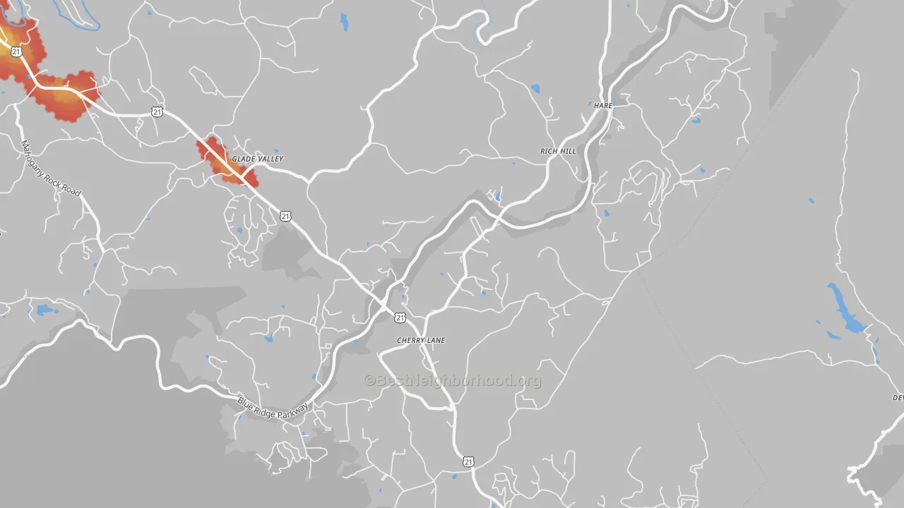 Walk Grade map of 28627, NC, walkable areas in green and car-dependent areas in red