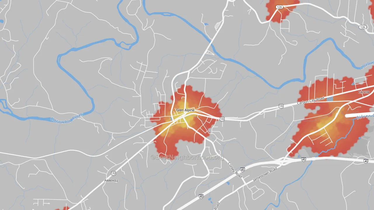 Walk Grade map of 28628, NC, walkable areas in green and car-dependent areas in red