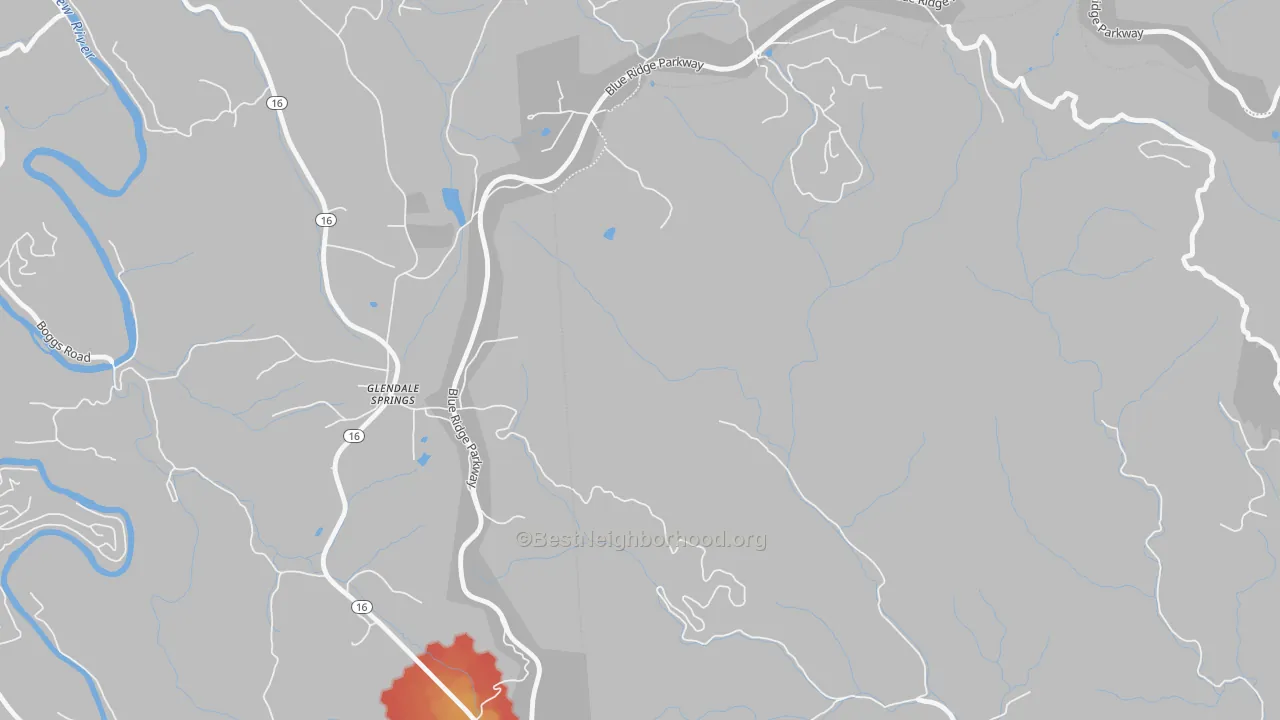 Walk Grade map of 28629, NC, walkable areas in green and car-dependent areas in red
