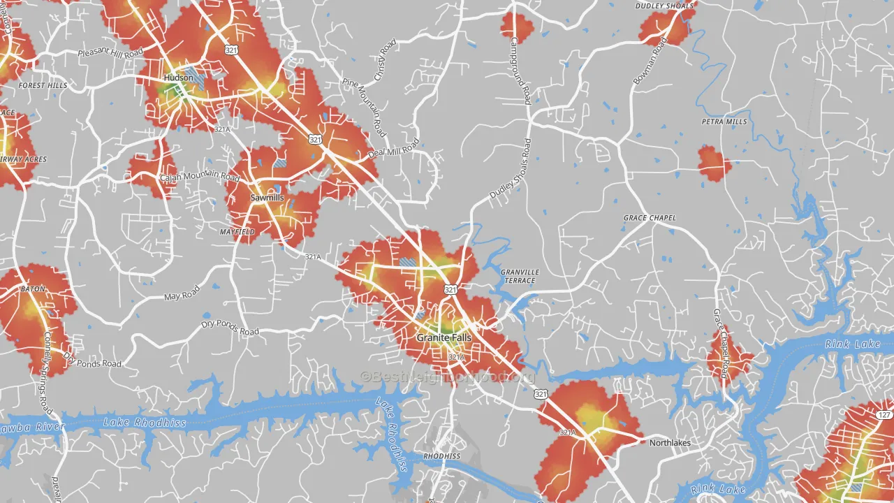 Walk Grade map of 28630, NC, walkable areas in green and car-dependent areas in red