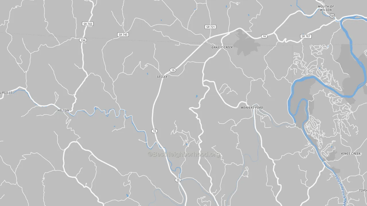 Walk Grade map of 28631, NC, walkable areas in green and car-dependent areas in red