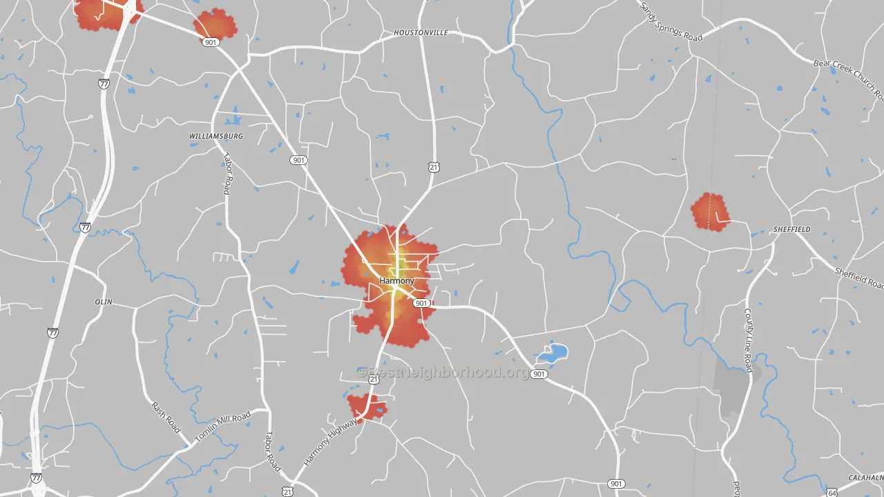 Walk Grade map of 28634, NC, walkable areas in green and car-dependent areas in red
