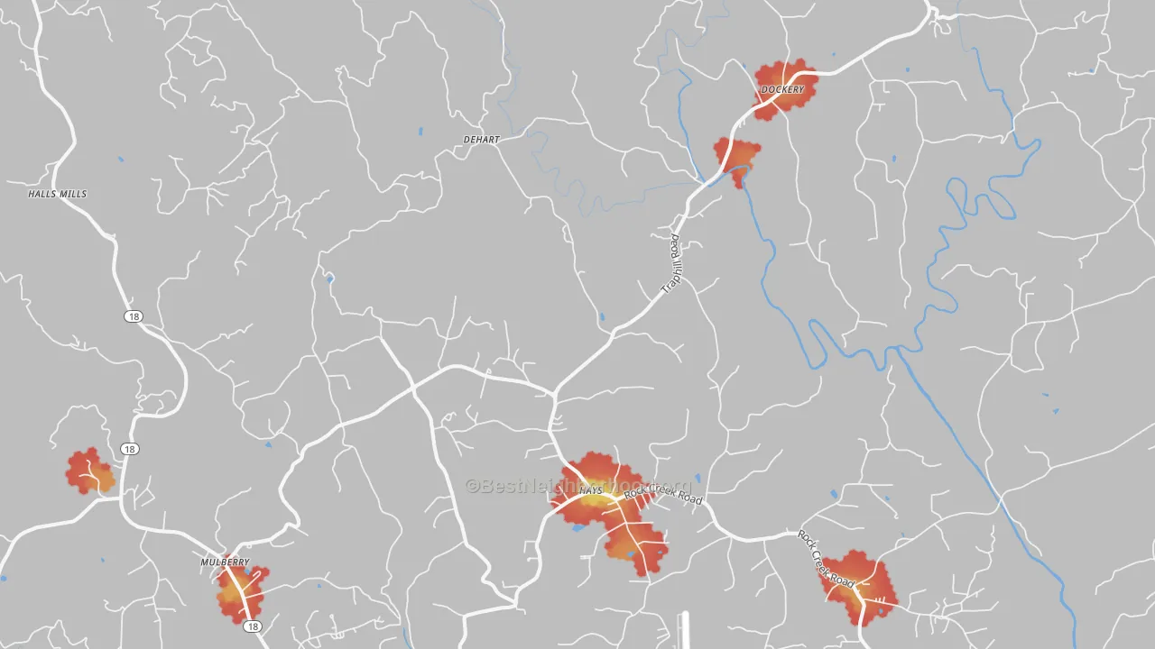 Walk Grade map of 28635, NC, walkable areas in green and car-dependent areas in red