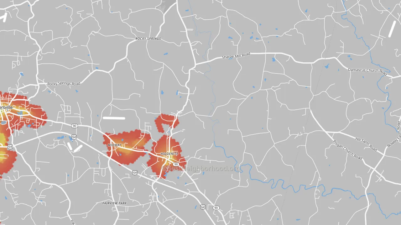 Walk Grade map of 28636, NC, walkable areas in green and car-dependent areas in red