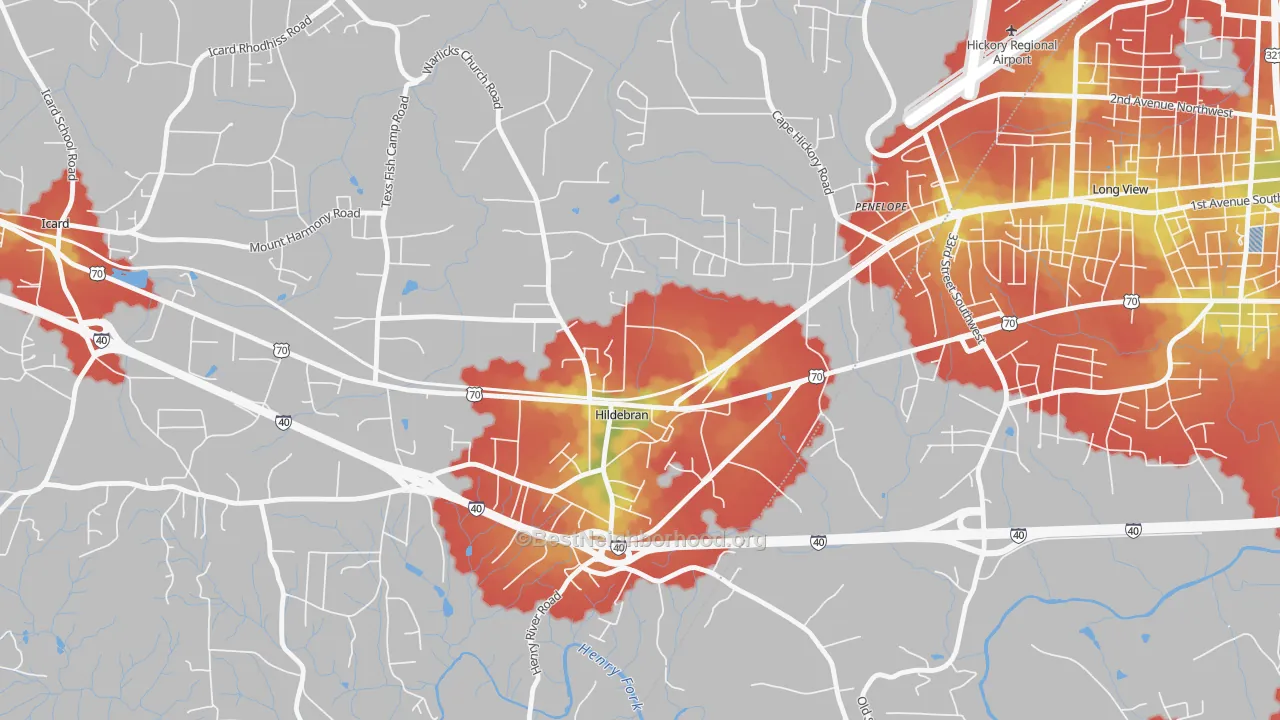 Walk Grade map of 28637, NC, walkable areas in green and car-dependent areas in red