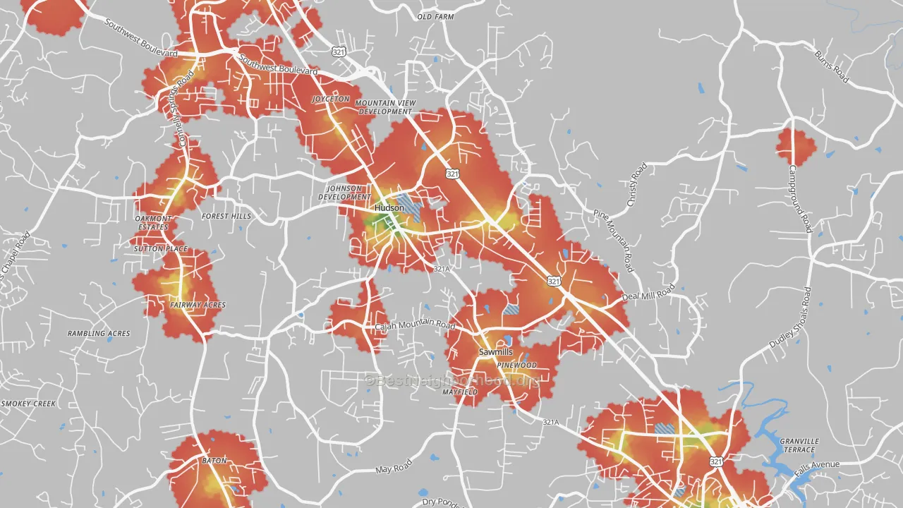 Walk Grade map of 28638, NC, walkable areas in green and car-dependent areas in red