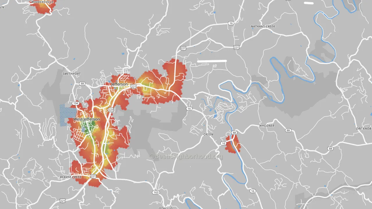 Walk Grade map of 28640, NC, walkable areas in green and car-dependent areas in red