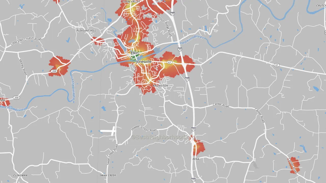 Walk Grade map of 28642, NC, walkable areas in green and car-dependent areas in red