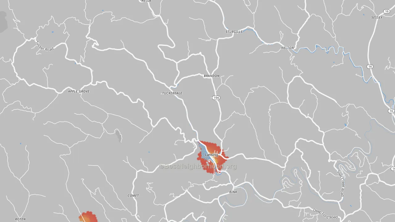 Walk Grade map of 28643, NC, walkable areas in green and car-dependent areas in red
