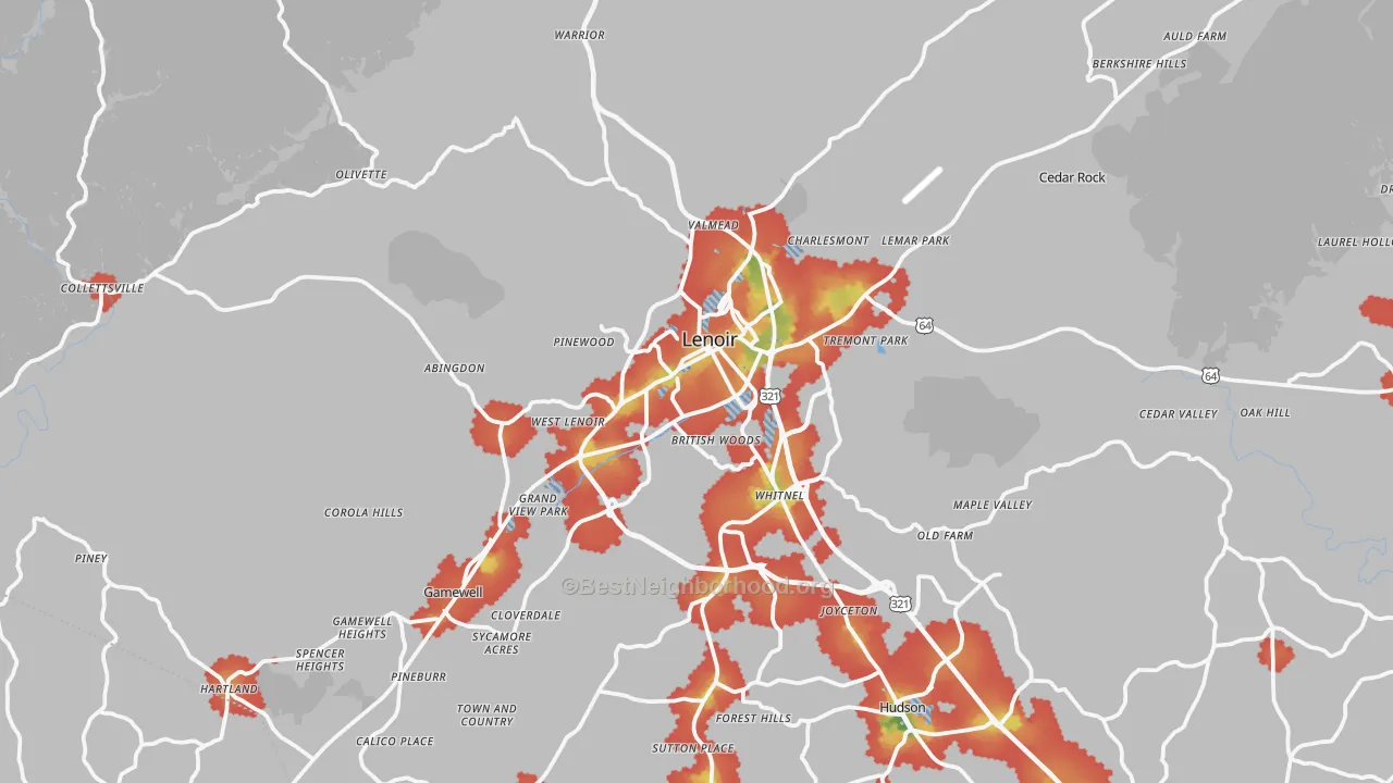 Walk Grade map of 28645, NC, walkable areas in green and car-dependent areas in red