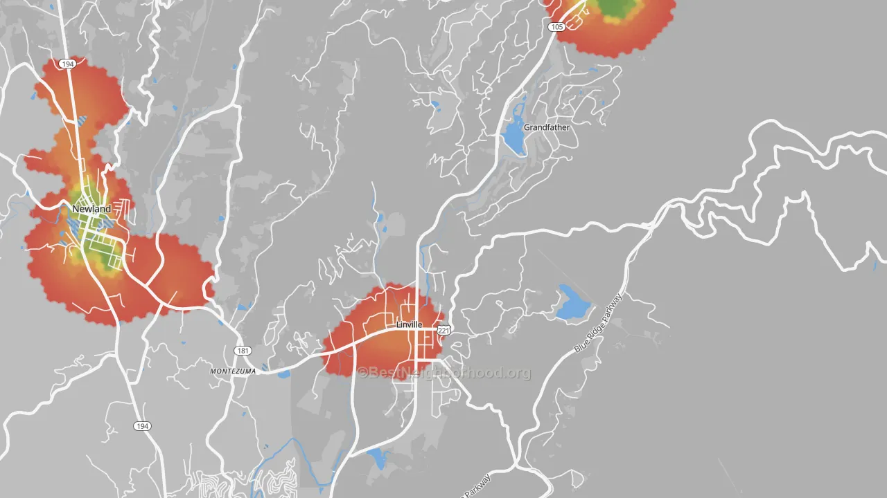 Walk Grade map of 28646, NC, walkable areas in green and car-dependent areas in red
