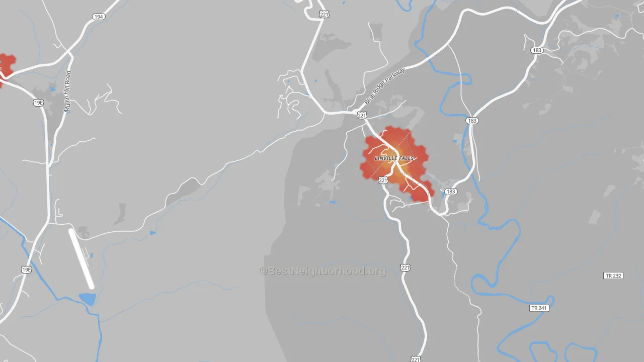 Walk Grade map of 28647, NC, walkable areas in green and car-dependent areas in red