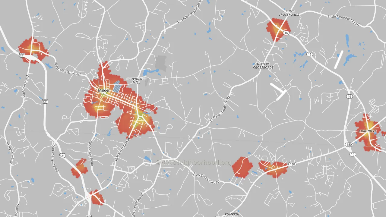 Walk Grade map of 28650, NC, walkable areas in green and car-dependent areas in red