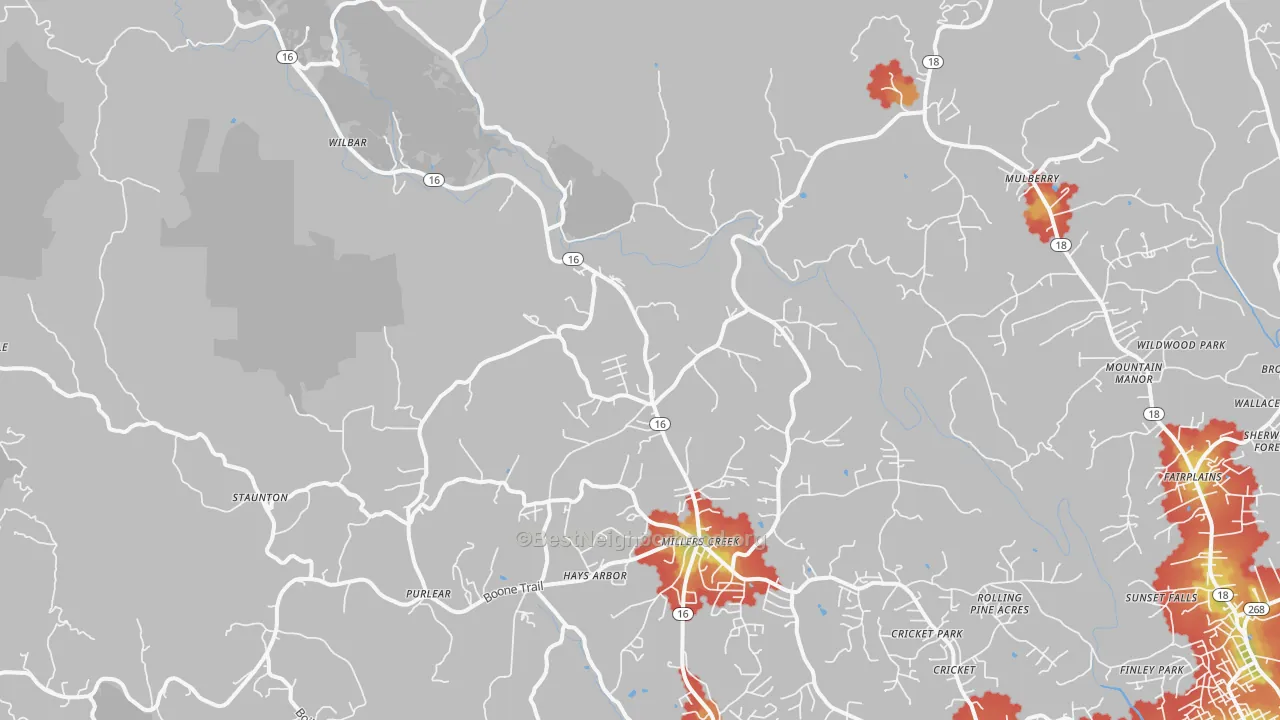 Walk Grade map of 28651, NC, walkable areas in green and car-dependent areas in red