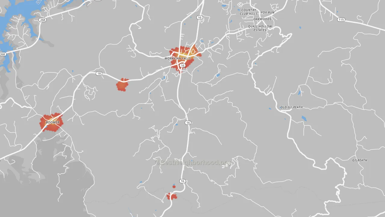 Walk Grade map of 28654, NC, walkable areas in green and car-dependent areas in red