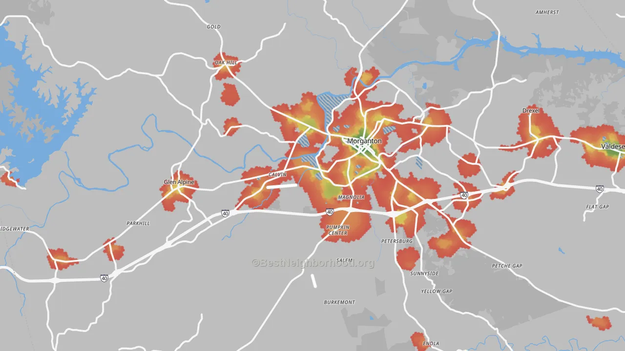 Walk Grade map of 28655, NC, walkable areas in green and car-dependent areas in red