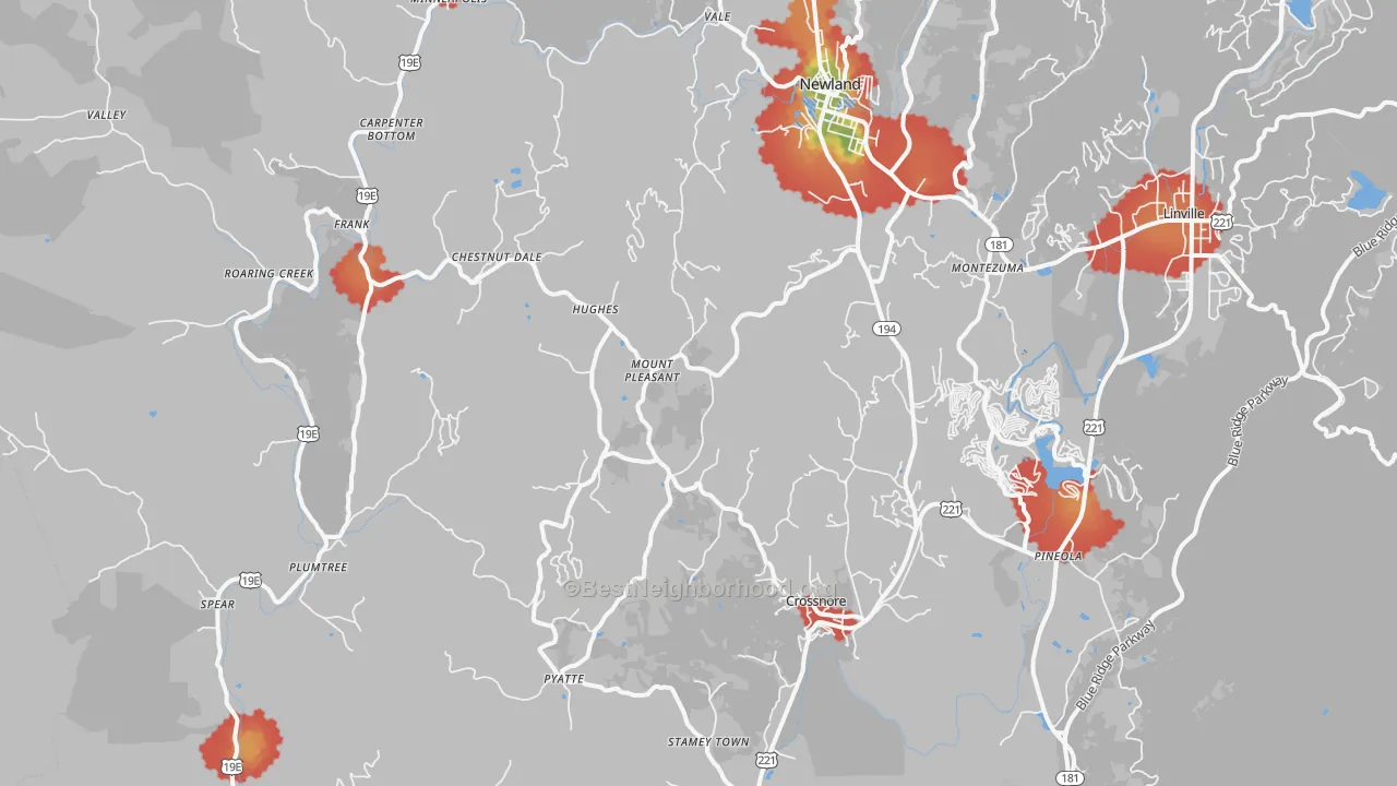 Walk Grade map of 28657, NC, walkable areas in green and car-dependent areas in red