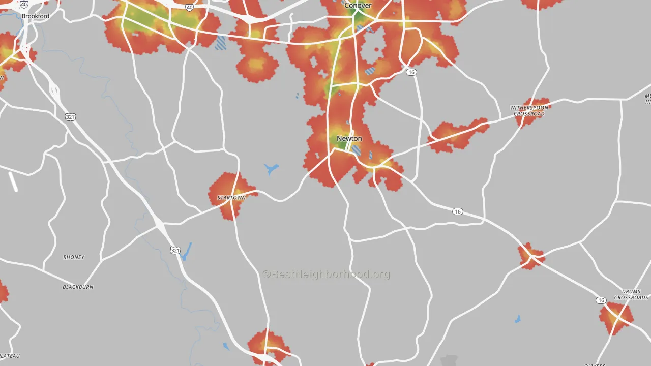 Walk Grade map of 28658, NC, walkable areas in green and car-dependent areas in red