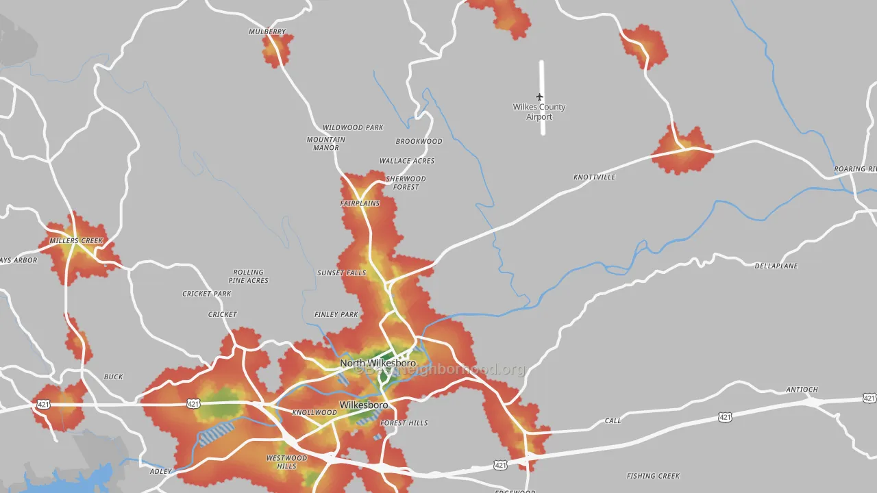 Walk Grade map of 28659, NC, walkable areas in green and car-dependent areas in red