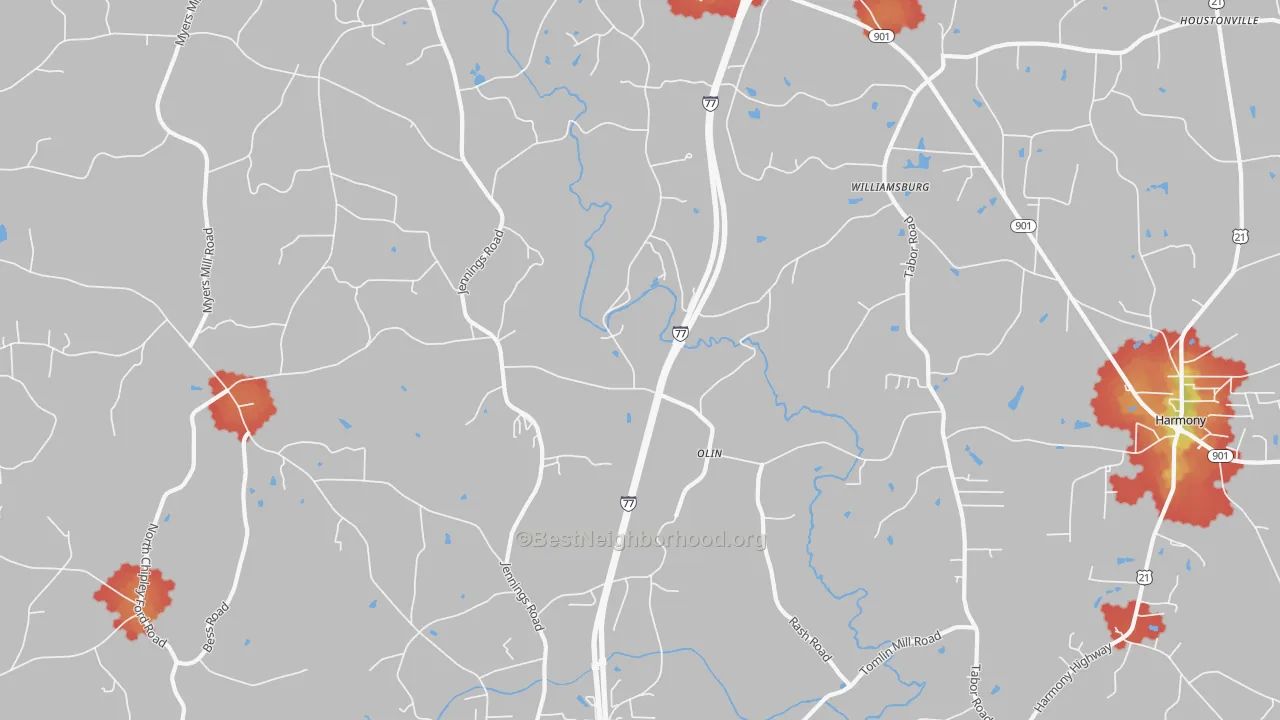 Walk Grade map of 28660, NC, walkable areas in green and car-dependent areas in red