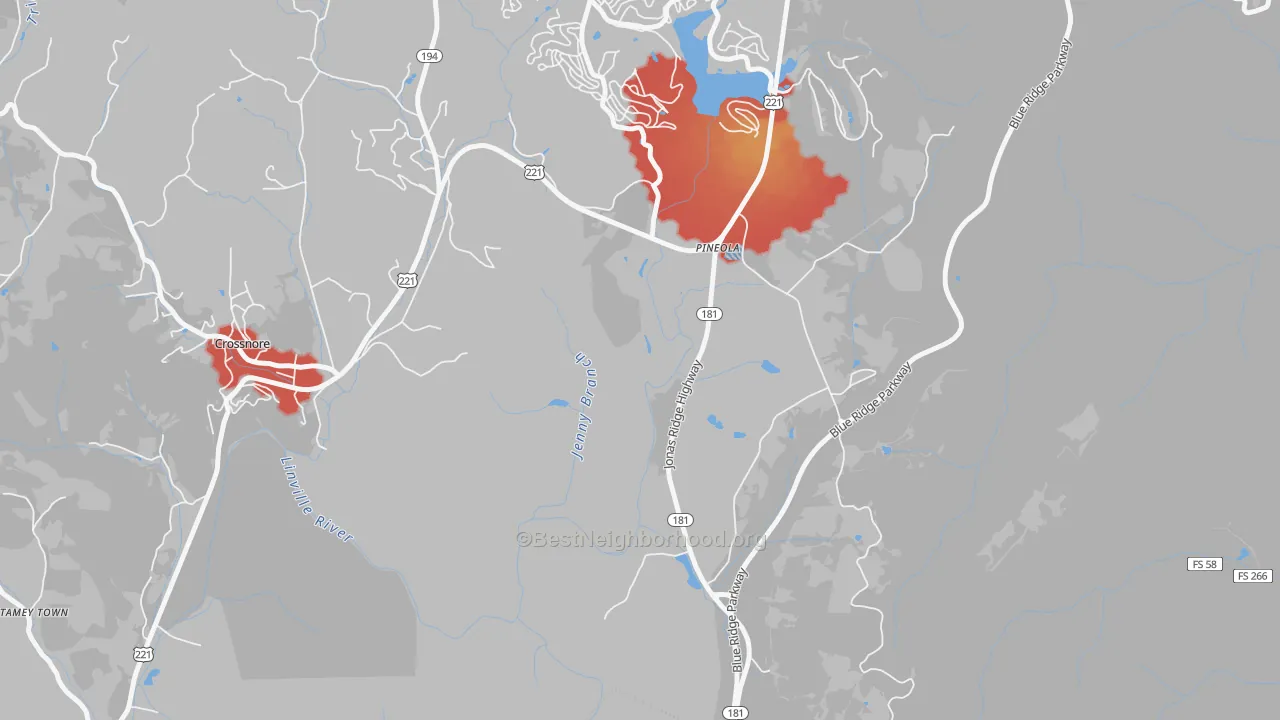 Walk Grade map of 28662, NC, walkable areas in green and car-dependent areas in red