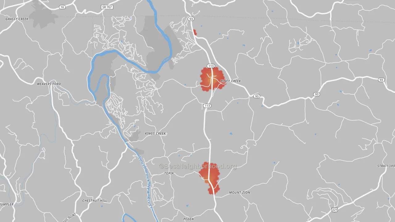 Walk Grade map of 28663, NC, walkable areas in green and car-dependent areas in red