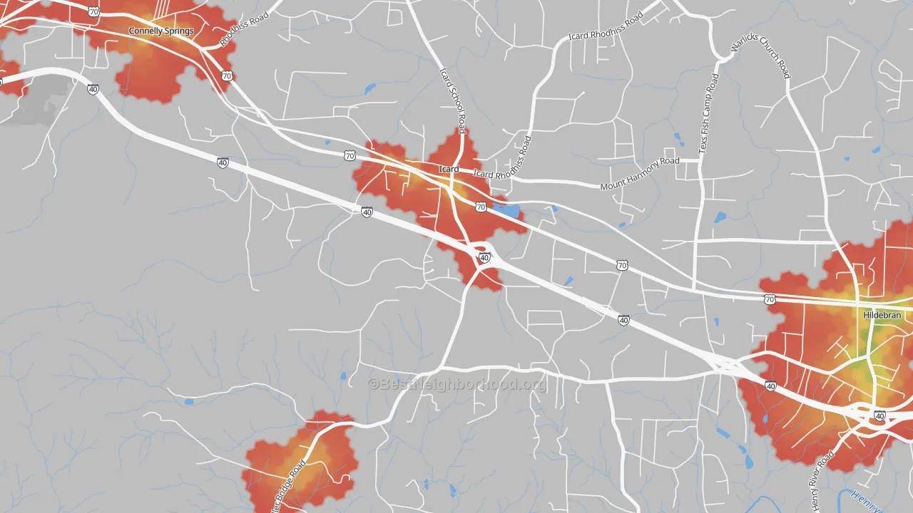 Walk Grade map of 28666, NC, walkable areas in green and car-dependent areas in red