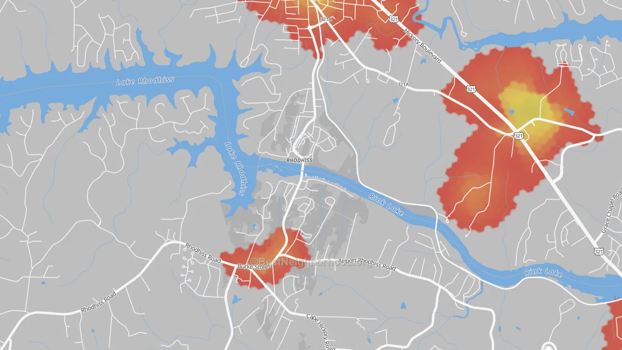Walk Grade map of 28667, NC, walkable areas in green and car-dependent areas in red