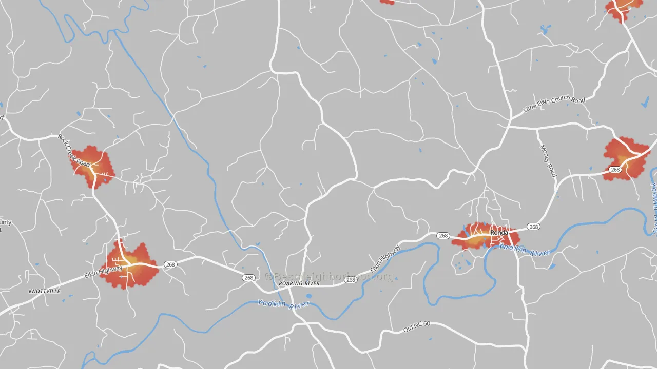 Walk Grade map of 28669, NC, walkable areas in green and car-dependent areas in red